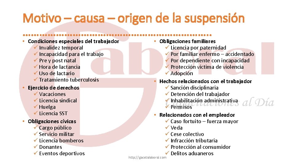 Motivo – causa – origen de la suspensión ……………………………. . • Condiciones especiales del