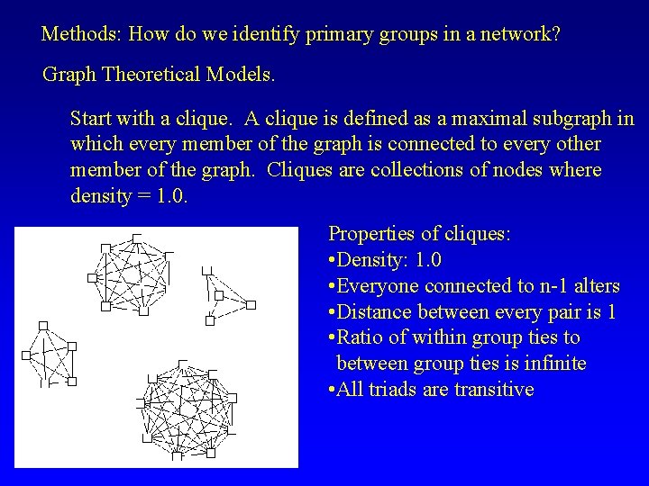 Methods: How do we identify primary groups in a network? Graph Theoretical Models. Start