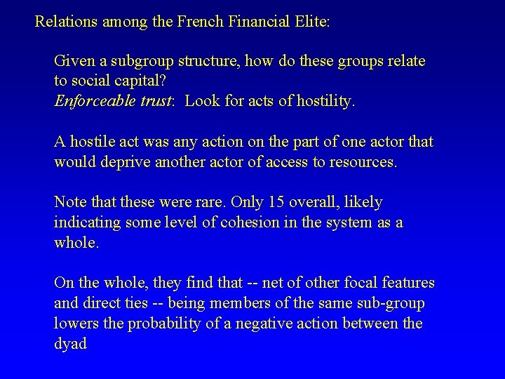 Relations among the French Financial Elite: Given a subgroup structure, how do these groups