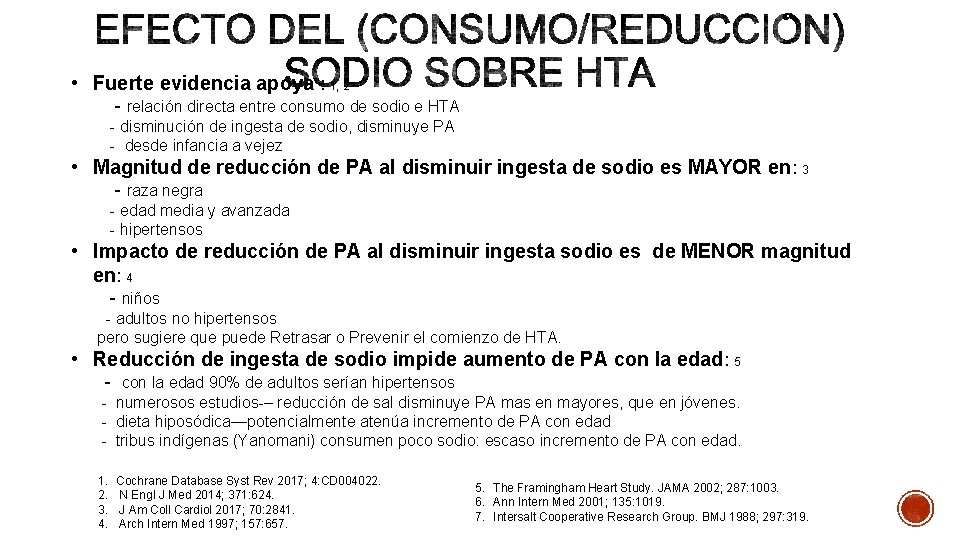  • Fuerte evidencia apoya : 1, 2 - relación directa entre consumo de