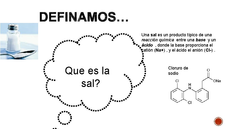 DEFINAMOS… Una sal es un producto típico de una reacción química entre una base