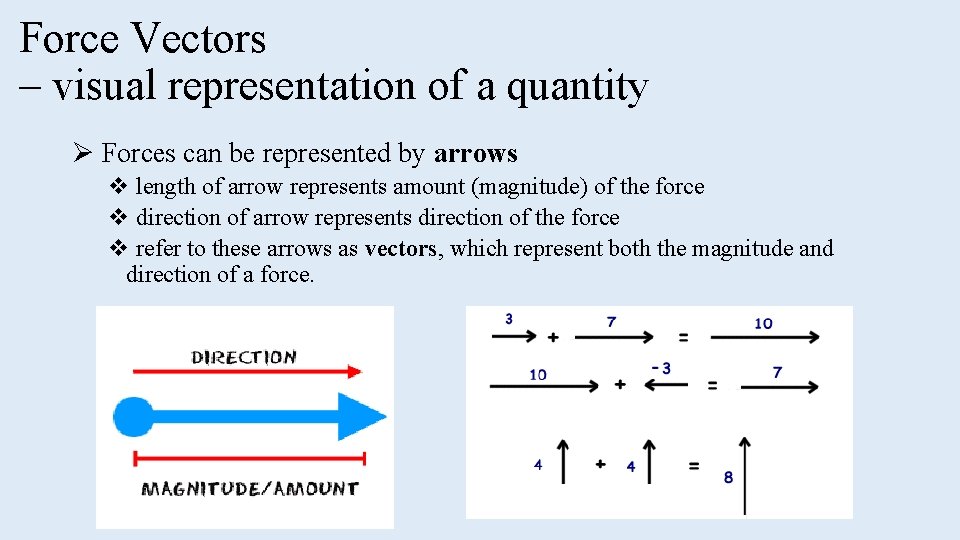 Force Vectors – visual representation of a quantity Ø Forces can be represented by