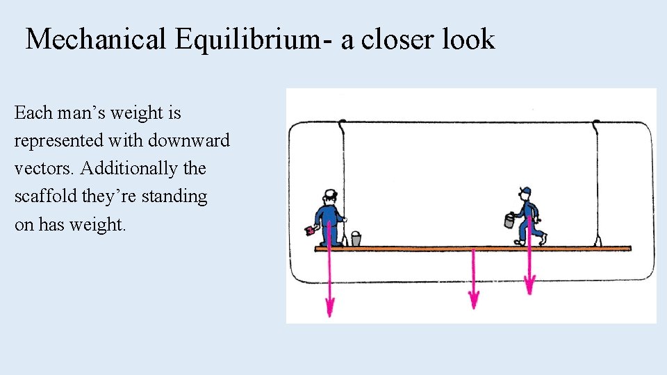 Mechanical Equilibrium- a closer look Each man’s weight is represented with downward vectors. Additionally