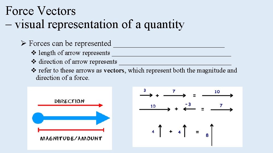 Force Vectors – visual representation of a quantity Ø Forces can be represented ______________