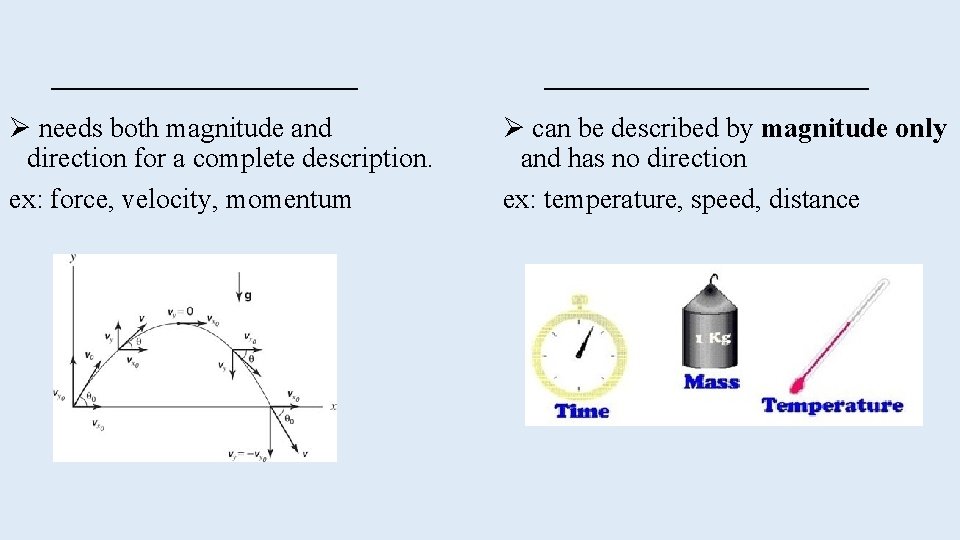_________ Ø needs both magnitude and direction for a complete description. ex: force, velocity,