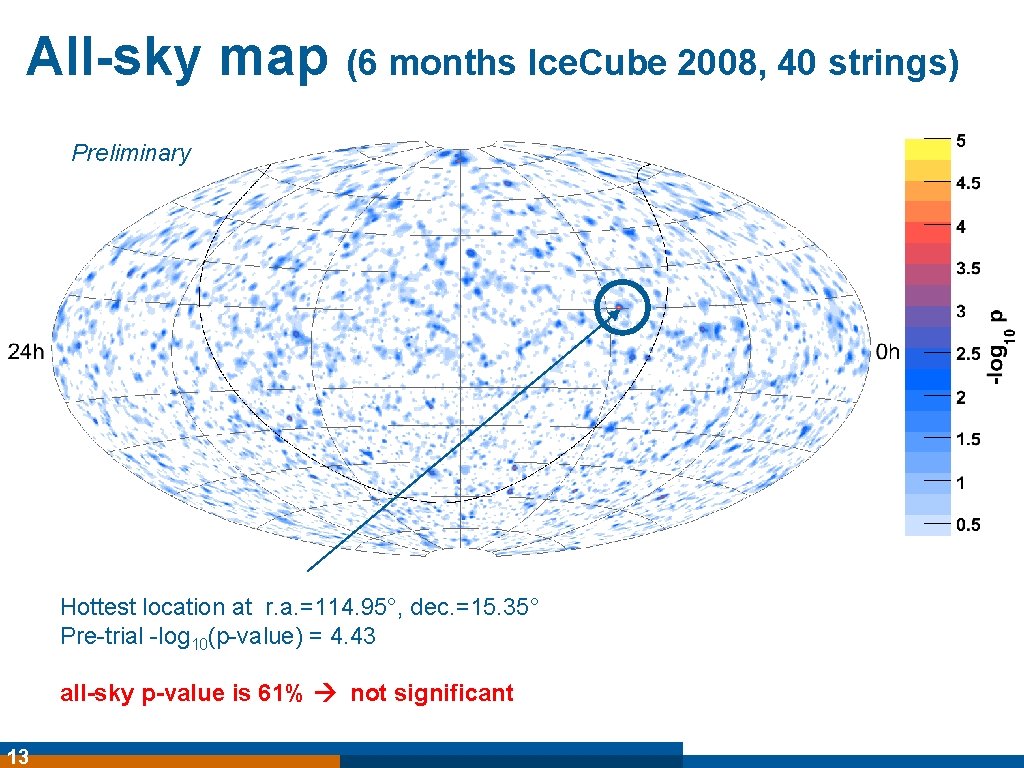 All-sky map (6 months Ice. Cube 2008, 40 strings) Preliminary Hottest location at r.