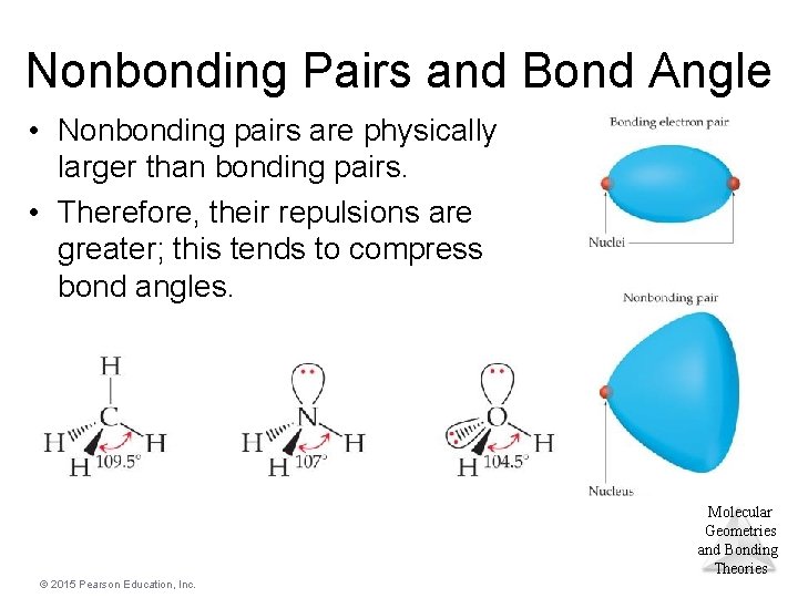 Nonbonding Pairs and Bond Angle • Nonbonding pairs are physically larger than bonding pairs.