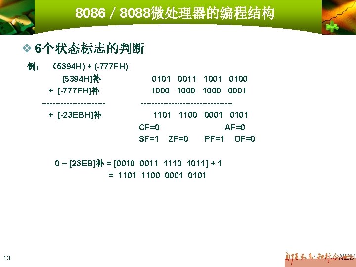 8086／ 8088微处理器的编程结构 v 6个状态标志的判断 例： （5394 H) + (-777 FH) [5394 H]补 + [-777