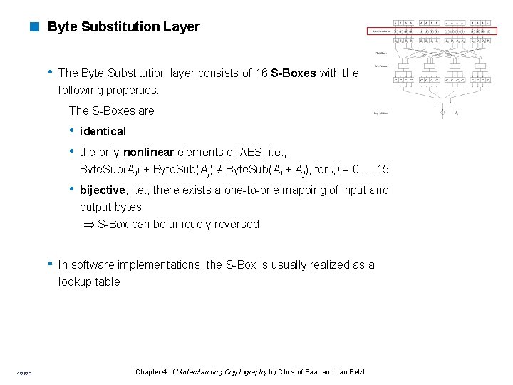 < Byte Substitution Layer • The Byte Substitution layer consists of 16 S-Boxes with
