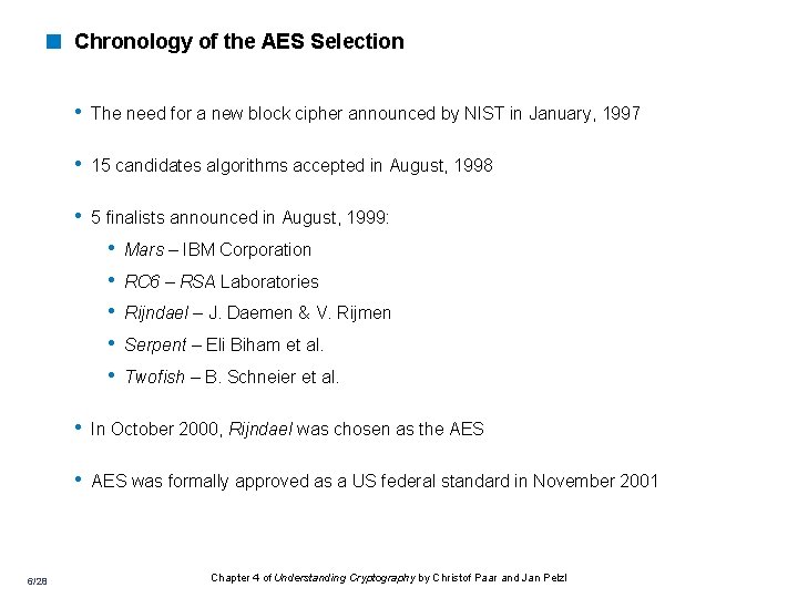 < Chronology of the AES Selection • The need for a new block cipher