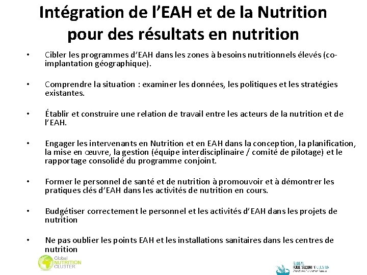 Intégration de l’EAH et de la Nutrition pour des résultats en nutrition • Cibler