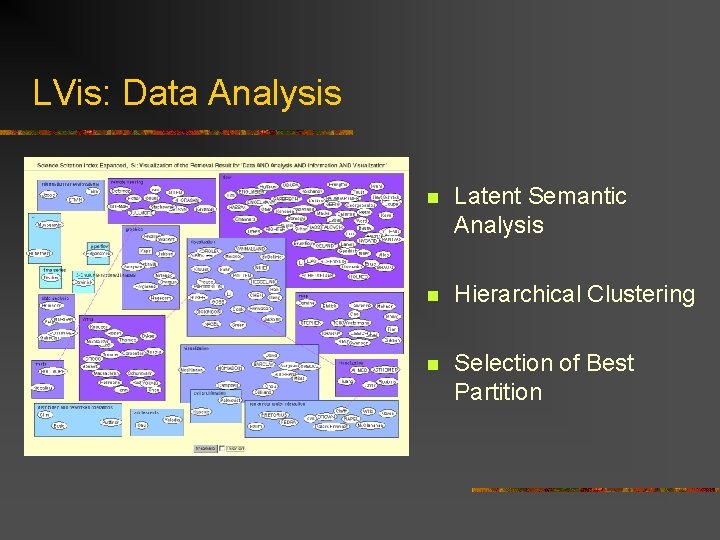 LVis: Data Analysis n Latent Semantic Analysis n Hierarchical Clustering n Selection of Best