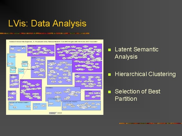 LVis: Data Analysis n Latent Semantic Analysis n Hierarchical Clustering n Selection of Best