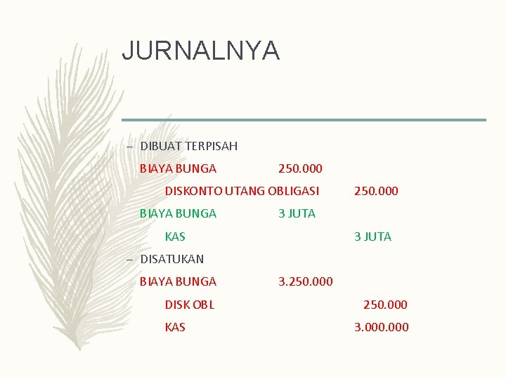 JURNALNYA – DIBUAT TERPISAH BIAYA BUNGA 250. 000 DISKONTO UTANG OBLIGASI BIAYA BUNGA 250.
