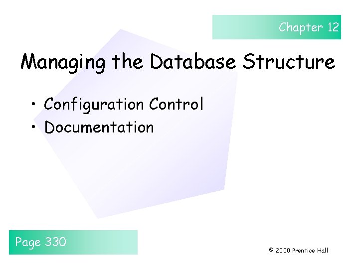Chapter 12 Managing the Database Structure • Configuration Control • Documentation Page 330 ©