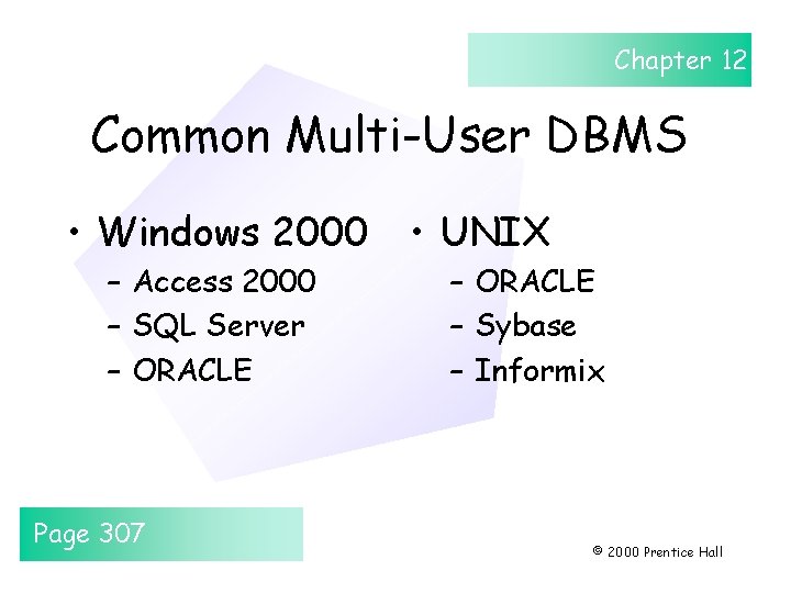 Chapter 12 Common Multi-User DBMS • Windows 2000 – Access 2000 – SQL Server