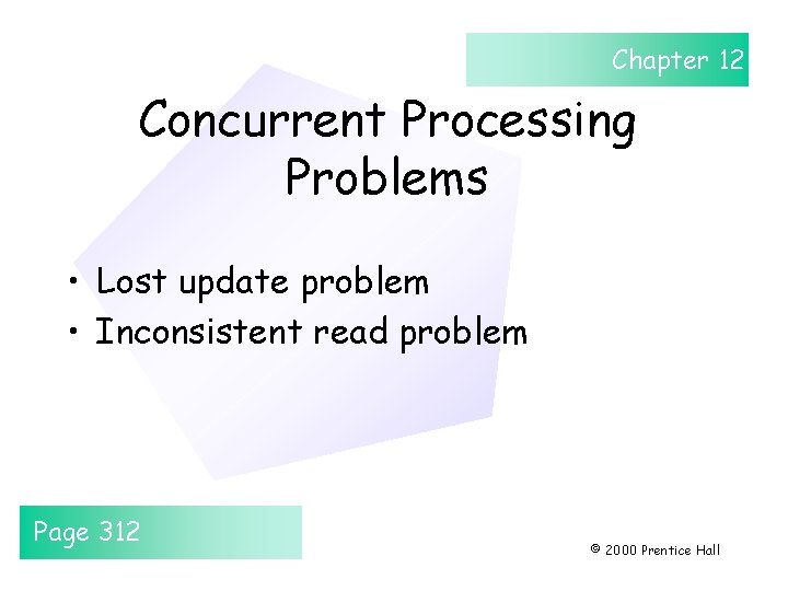 Chapter 12 Concurrent Processing Problems • Lost update problem • Inconsistent read problem Page