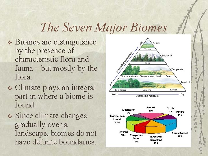 The Seven Major Biomes v v v Biomes are distinguished by the presence of