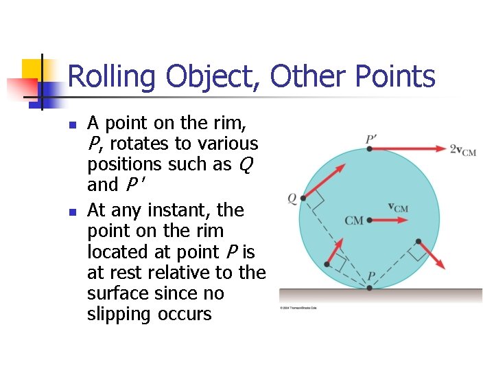 Rolling Object, Other Points n n A point on the rim, P, rotates to