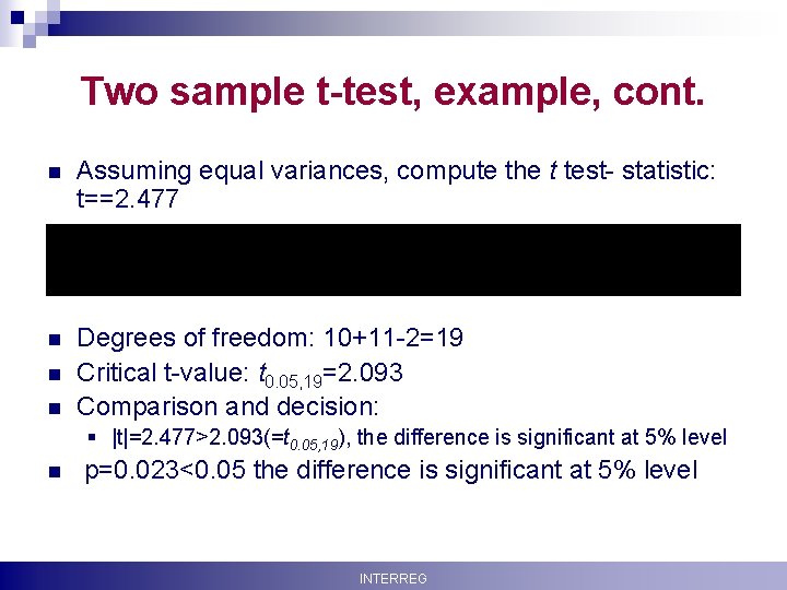 Two sample t-test, example, cont. n Assuming equal variances, compute the t test- statistic: