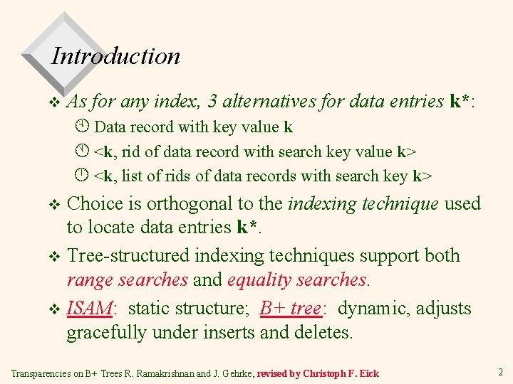 Introduction As for any index, 3 alternatives for data entries k*: À Data record