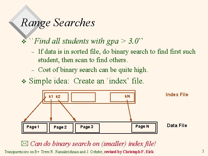 Range Searches v ``Find all students with gpa > 3. 0’’ – – v