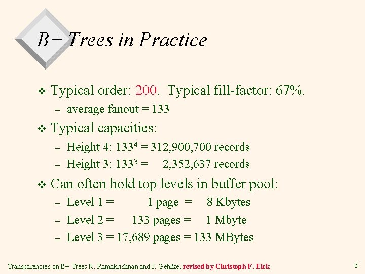 B+ Trees in Practice v Typical order: 200. Typical fill-factor: 67%. – v Typical