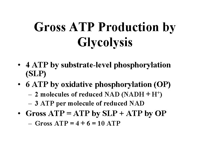 Gross ATP Production by Glycolysis • 4 ATP by substrate-level phosphorylation (SLP) • 6
