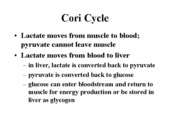 Cori Cycle • Lactate moves from muscle to blood; pyruvate cannot leave muscle •