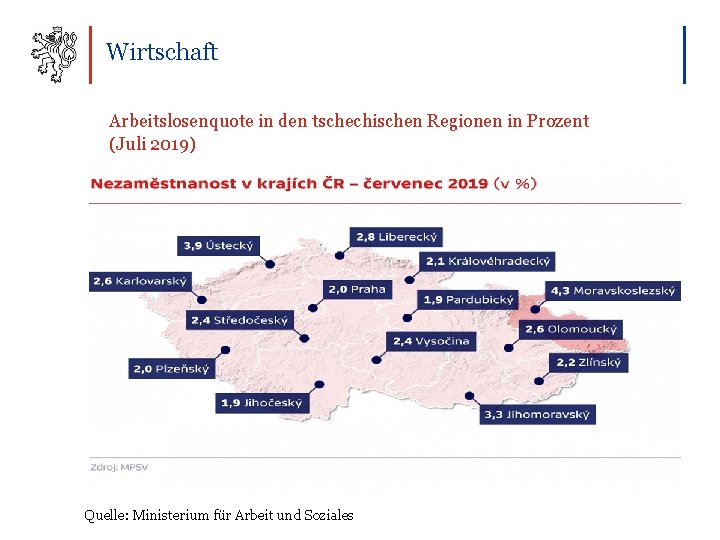 Wirtschaft Arbeitslosenquote in den tschechischen Regionen in Prozent (Juli 2019) Quelle: Ministerium für Arbeit