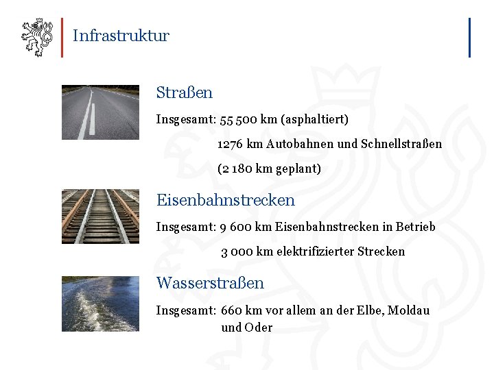 Infrastruktur Straßen Insgesamt: 55 500 km (asphaltiert) 1276 km Autobahnen und Schnellstraßen (2 180