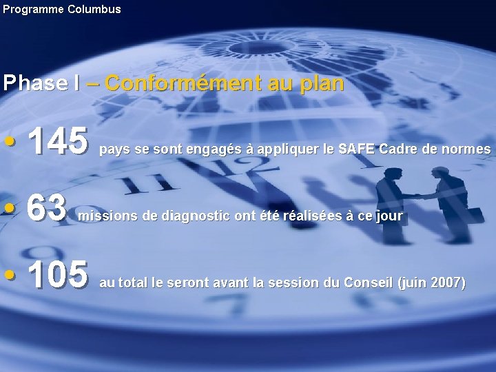 Programme Columbus Phase I – Conformément au plan • 145 • 63 pays se