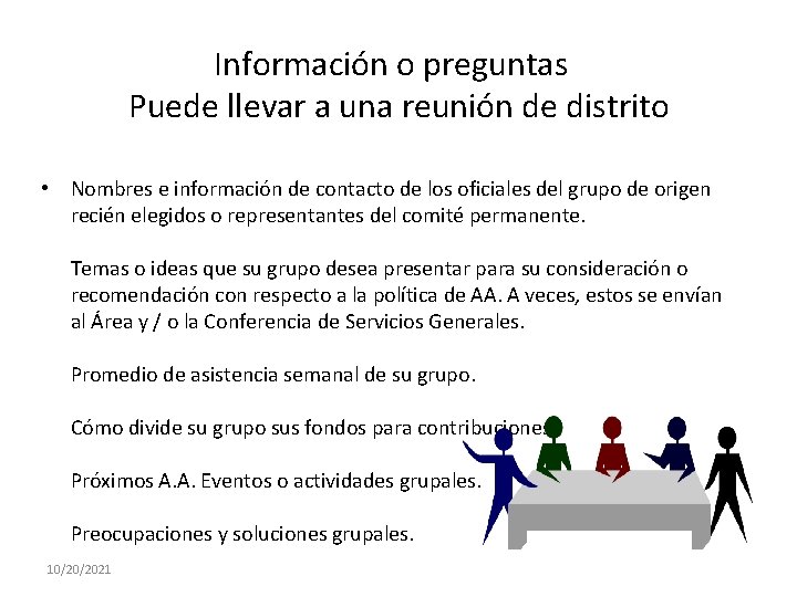 Información o preguntas Puede llevar a una reunión de distrito • Nombres e información