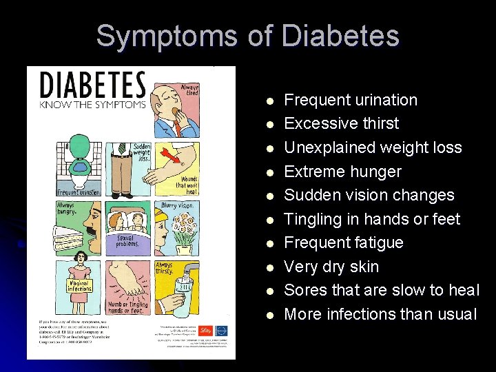 Symptoms of Diabetes l l l l l Frequent urination Excessive thirst Unexplained weight