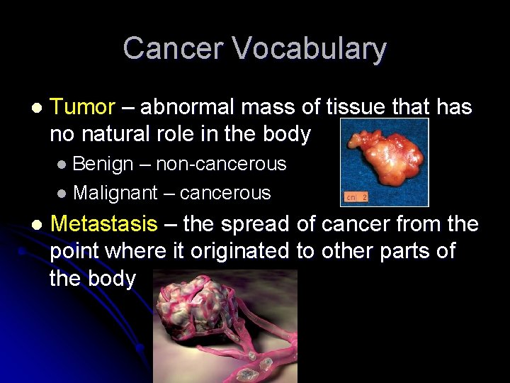 Cancer Vocabulary l Tumor – abnormal mass of tissue that has no natural role