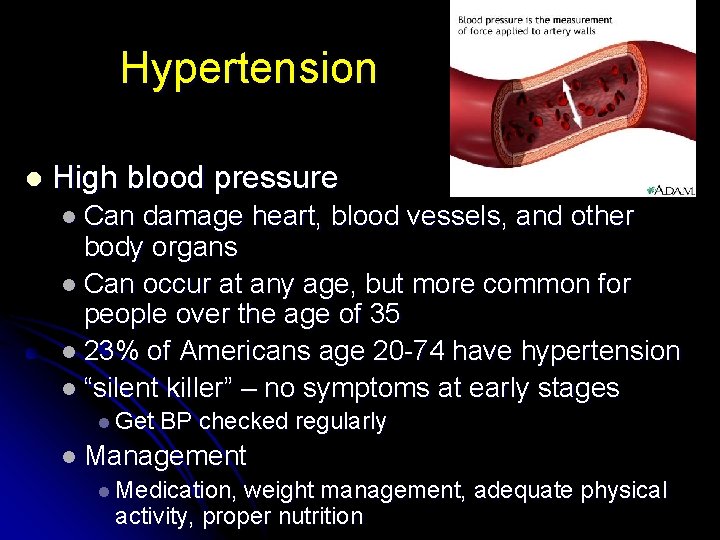 Hypertension l High blood pressure l Can damage heart, blood vessels, and other body
