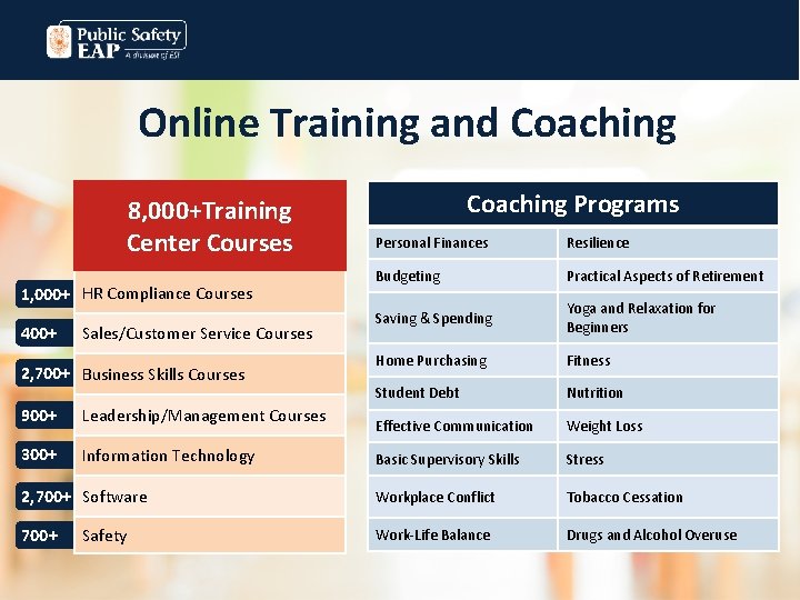 Online Training and Coaching 8, 000+Training Center Courses Coaching Programs Personal Finances Resilience Budgeting