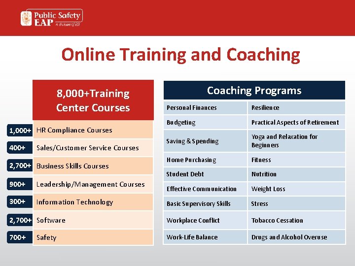 Online Training and Coaching 8, 000+Training Center Courses Coaching Programs Personal Finances Resilience Budgeting