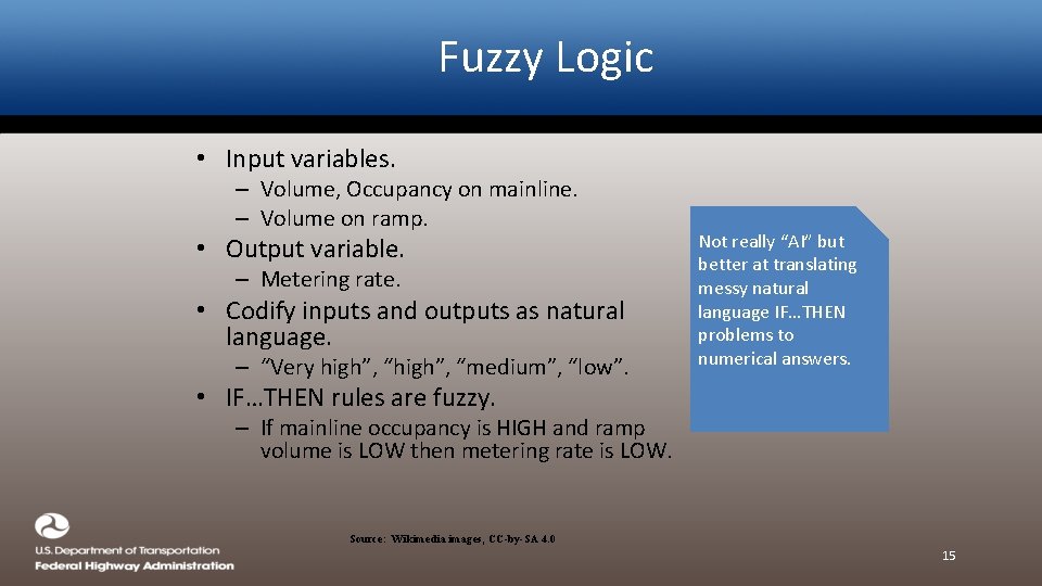 Fuzzy Logic • Input variables. – Volume, Occupancy on mainline. – Volume on ramp.
