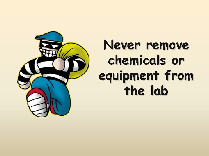 Never remove chemicals or equipment from the lab 