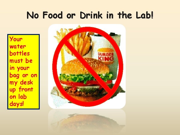 No Food or Drink in the Lab! Your water bottles must be in your