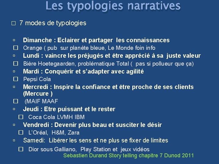 Les typologies narratives � � 7 modes de typologies Dimanche : Eclairer et partager