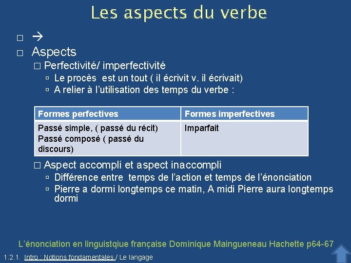 Les aspects du verbe � � Aspects � Perfectivité/ imperfectivité Le procès est un