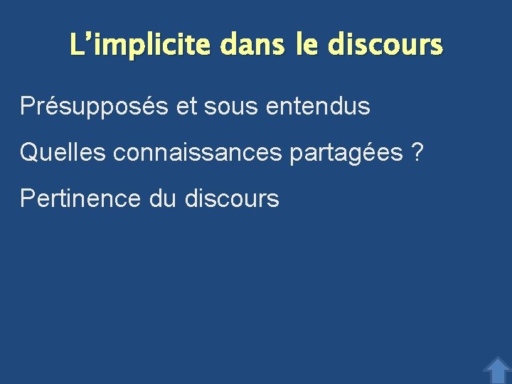 L’implicite dans le discours Présupposés et sous entendus Quelles connaissances partagées ? Pertinence du