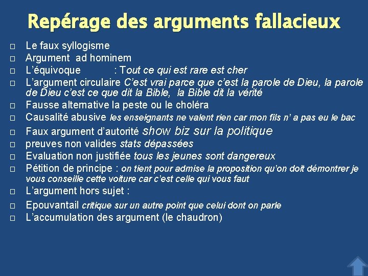 Repérage des arguments fallacieux � � � � � Le faux syllogisme Argument ad