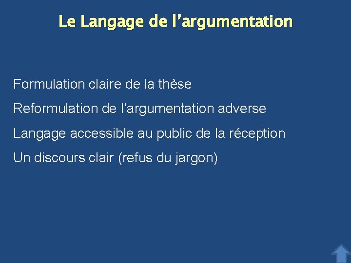 Le Langage de l’argumentation Formulation claire de la thèse Reformulation de l’argumentation adverse Langage