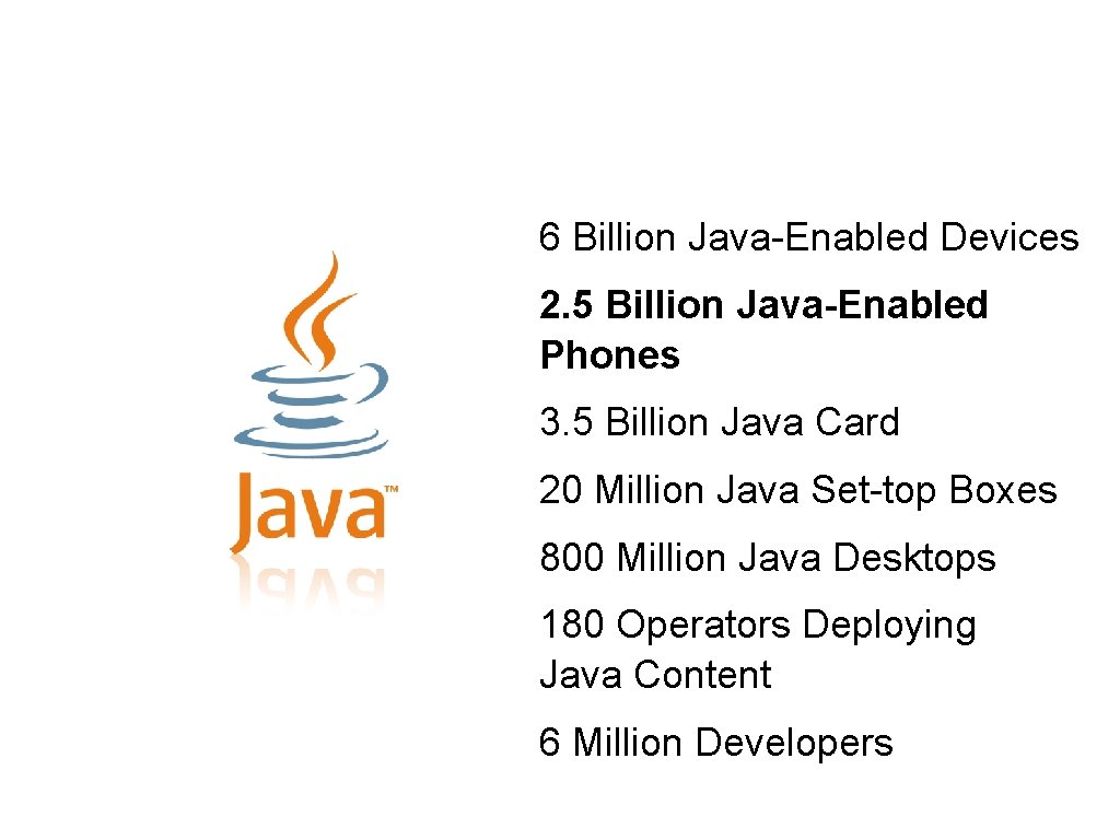 Java Momentum 6 Billion Java-Enabled Devices 2. 5 Billion Java-Enabled Phones 3. 5 Billion