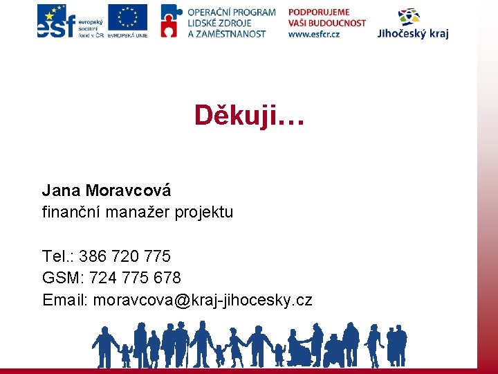 Děkuji… Jana Moravcová finanční manažer projektu Tel. : 386 720 775 GSM: 724 775