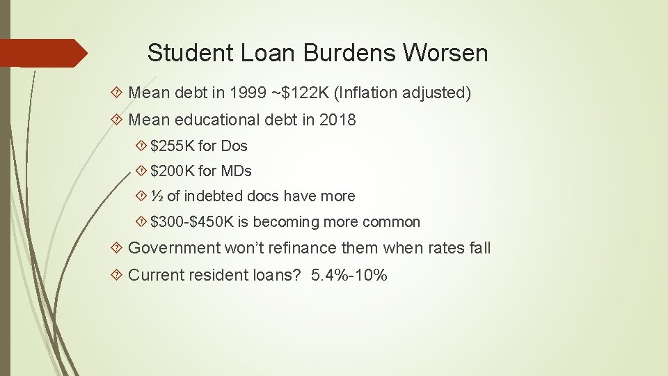 Student Loan Burdens Worsen Mean debt in 1999 ~$122 K (Inflation adjusted) Mean educational