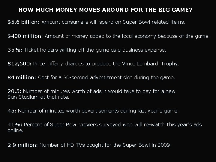 HOW MUCH MONEY MOVES AROUND FOR THE BIG GAME? $5. 6 billion: Amount consumers